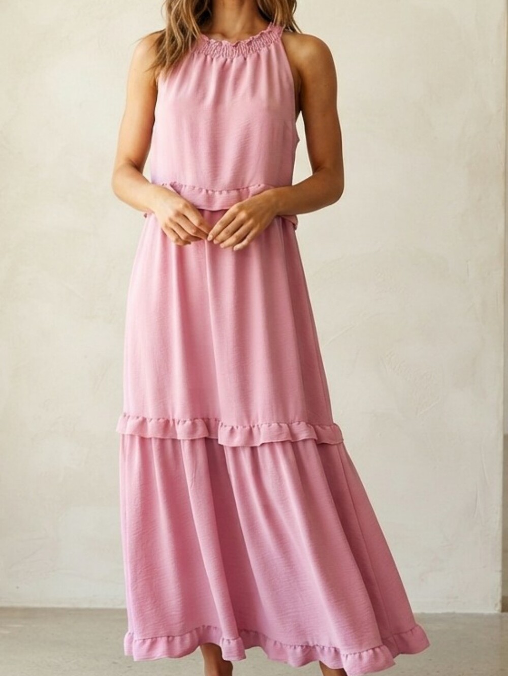Pink Halter Tiered Maxi Dress Sleeveless Ruffle Sun Dress